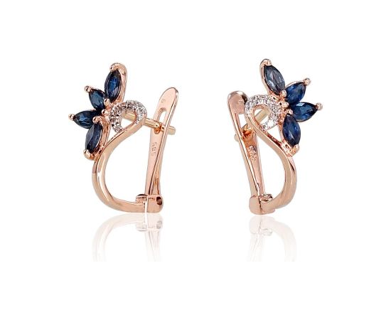 Zelta auskari ar 'angļu' slēdzēju #1200717(Au-R+PRh-W)_DI+SA, Sarkanais Zelts 585°, rodijs (pārklājums), Briljanti (0,028Ct), Safīrs (1,048Ct), 1.94 gr. Zelta auskari ar "angļu" slēdzēju