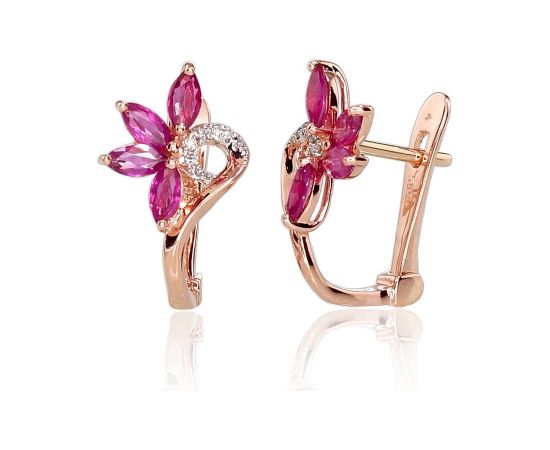 Zelta auskari ar 'angļu' slēdzēju #1200717(Au-R+PRh-W)_DI+RB, Sarkanais Zelts 585°, rodijs (pārklājums), Briljanti (0,028Ct), Rubīns (0,847Ct), 2.01 gr. Zelta auskari ar "angļu" slēdzēju