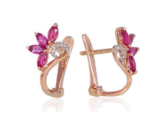 Zelta auskari ar 'angļu' slēdzēju #1200717(Au-R+PRh-W)_DI+RB, Sarkanais Zelts 585°, rodijs (pārklājums), Briljanti (0,028Ct), Rubīns (0,847Ct), 2.01 gr. Zelta auskari ar "angļu" slēdzēju