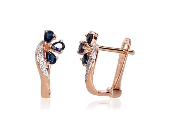 Zelta auskari ar 'angļu' slēdzēju #1200716(Au-R+PRh-W)_DI+SA, Sarkanais Zelts 585°, rodijs (pārklājums), Briljanti (0,028Ct), Safīrs (0,582Ct), 1.45 gr. Zelta auskari ar "angļu" slēdzēju