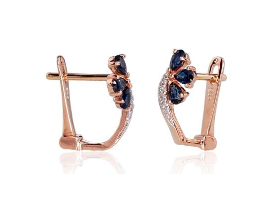 Zelta auskari ar 'angļu' slēdzēju #1200716(Au-R+PRh-W)_DI+SA, Sarkanais Zelts 585°, rodijs (pārklājums), Briljanti (0,028Ct), Safīrs (0,582Ct), 1.45 gr. Zelta auskari ar "angļu" slēdzēju