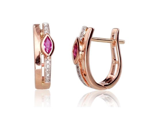 Zelta auskari ar 'angļu' slēdzēju #1200713(Au-R+PRh-W)_DI+RB, Sarkanais Zelts 585°, rodijs (pārklājums), Briljanti (0,33Ct), Rubīns (0,21Ct), 2.2 gr. Zelta auskari ar "angļu" slēdzēju