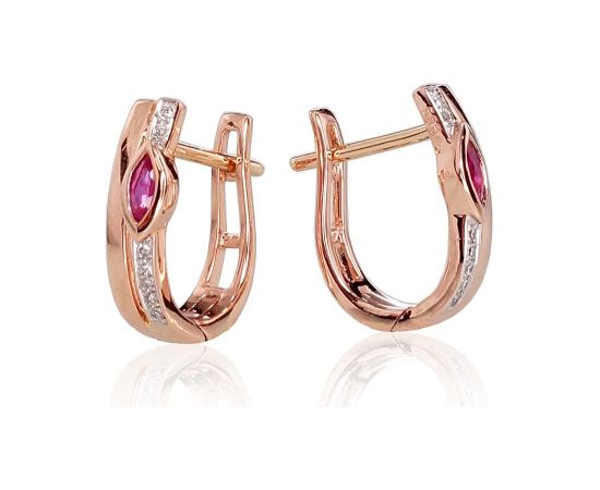 Zelta auskari ar 'angļu' slēdzēju #1200713(Au-R+PRh-W)_DI+RB, Sarkanais Zelts 585°, rodijs (pārklājums), Briljanti (0,33Ct), Rubīns (0,21Ct), 2.2 gr. Zelta auskari ar "angļu" slēdzēju