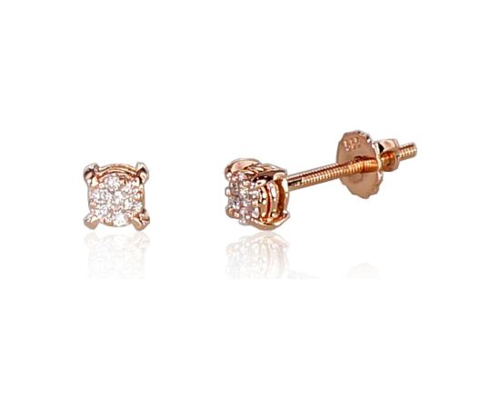 Zelta auskari-puseti ar skrūvēm #1200510(Au-R)_DI, Sarkanais Zelts 585°, Briljanti (0,097Ct), 0.86 gr. Puseti ar skrūvēm