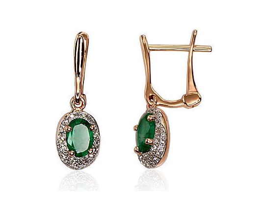 Zelta auskari ar 'angļu' slēdzēju #1200392(Au-R+PRh-W)_DI+EM, Sarkanais Zelts 585°, rodijs (pārklājums), Briljanti (0,133Ct), Smaragds (0,758Ct), 1.99 gr. Zelta auskari ar "angļu" slēdzēju