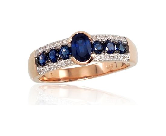 Zelta gredzens #1100665(Au-R+PRh-W+PRh-Bk)_DI+SA, Sarkanais Zelts 585°, rodijs (pārklājums), Briljanti (0,083Ct), Safīrs (0,968Ct), Izmērs: 18, 2.97 gr. Ar dārgakmeņiem