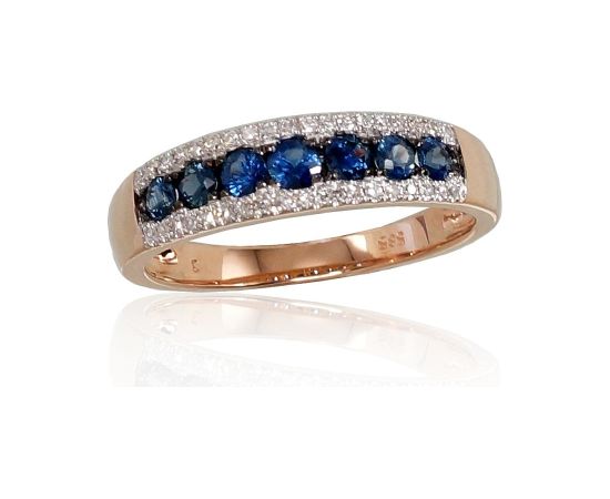 Zelta gredzens #1100664(Au-R+PRh-W+PRh-Bk)_DI+SA, Sarkanais Zelts 585°, rodijs (pārklājums), Briljanti (0,094Ct), Safīrs (0,55Ct), Izmērs: 18.5, 2.1 gr. Ar dārgakmeņiem