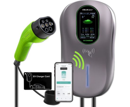 Qoltec 52430 EV Charging Station 2-in-1 Type2 | 22kW | Wi-fi| LCD | RFID | 3 phases | Wallbox | 5m Elektro Auto lādēšanas piederumi