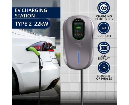 Qoltec 52430 EV Charging Station 2-in-1 Type2 | 22kW | Wi-fi| LCD | RFID | 3 phases | Wallbox | 5m Elektro Auto lādēšanas piederumi