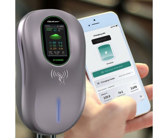 Qoltec 52430 EV Charging Station 2-in-1 Type2 | 22kW | Wi-fi| LCD | RFID | 3 phases | Wallbox | 5m Elektro Auto lādēšanas piederumi