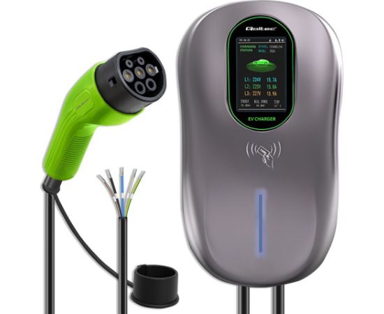 Qoltec 52430 EV Charging Station 2-in-1 Type2 | 22kW | Wi-fi| LCD | RFID | 3 phases | Wallbox | 5m Elektro Auto lādēšanas piederumi