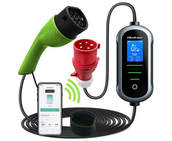Qoltec 52436 Mobile EV Electric Car Charger with 2-in-1 Type 2 Adjustment | 11kW | 400V | Wi-fi | TUYA | SMART LIFE | LCD | Portable | 5m Elektro Auto lādēšanas piederumi