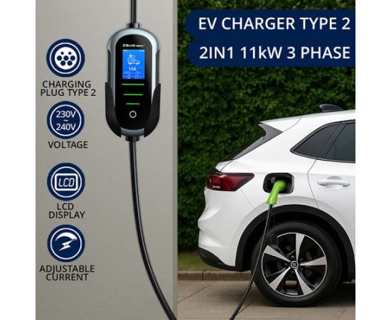 Qoltec 52436 Mobile EV Electric Car Charger with 2-in-1 Type 2 Adjustment | 11kW | 400V | Wi-fi | TUYA | SMART LIFE | LCD | Portable | 5m Elektro Auto lādēšanas piederumi