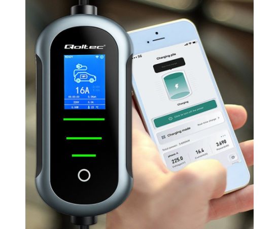 Qoltec 52436 Mobile EV Electric Car Charger with 2-in-1 Type 2 Adjustment | 11kW | 400V | Wi-fi | TUYA | SMART LIFE | LCD | Portable | 5m Elektro Auto lādēšanas piederumi