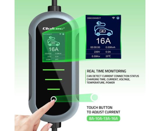 Qoltec 52436 Mobile EV Electric Car Charger with 2-in-1 Type 2 Adjustment | 11kW | 400V | Wi-fi | TUYA | SMART LIFE | LCD | Portable | 5m Elektro Auto lādēšanas piederumi