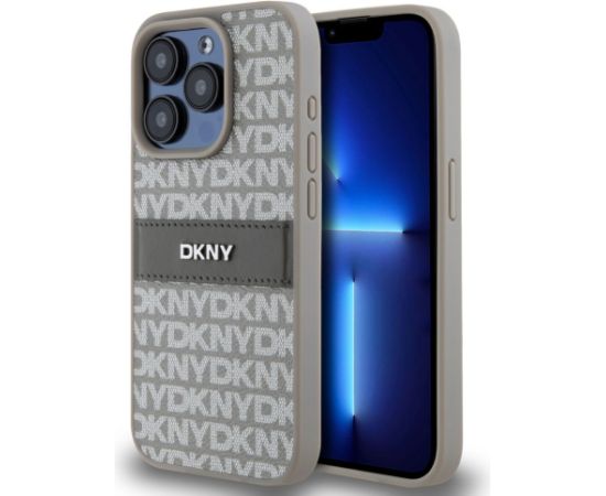 DKNY -  DKNY PU Leather Repeat Pattern Tonal Stripe Case for iPhone 15 Pro Beige Neoriģinālie Maciņi