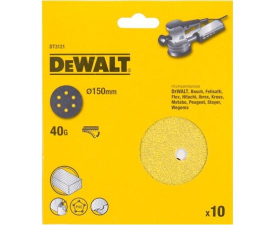 Smilšpapīrs DeWalt DT3121-QZ; 150 mm; K40; 10 gab. Dažādi diski