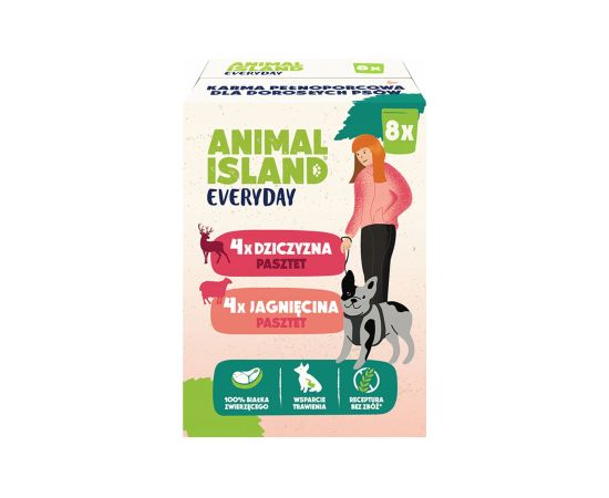 ANIMAL ISLAND Everyday pasztet, saszetka pies 8 szt; 150g x 4 szt dziczyzna, 150g x 4 szt jagnięcina Suņu barība