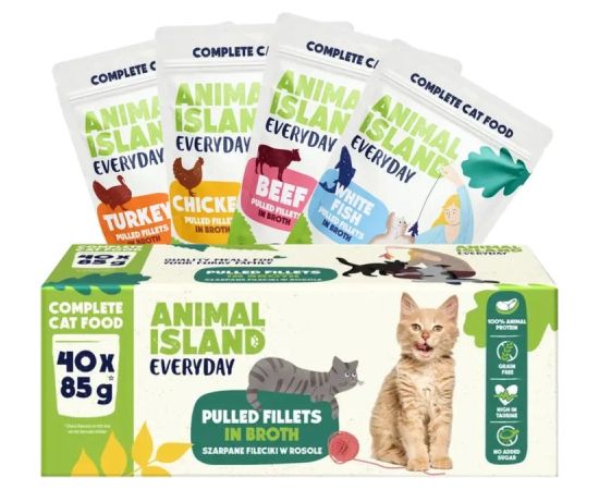 ANIMAL ISLAND Everyday Beef, chicken, turkey and white fish fillets in broth - wet cat food - 40 x 85g Kaķu konservi