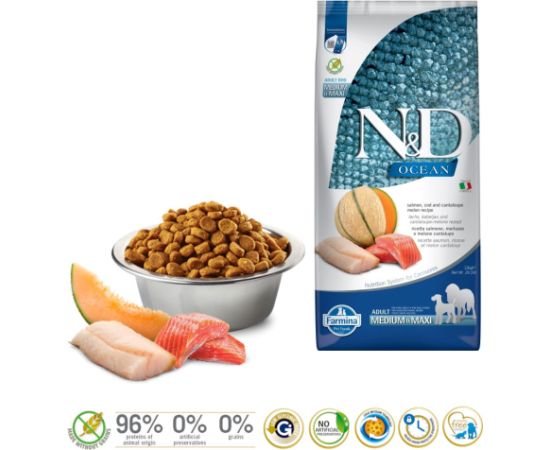 FARMINA N&D Ocean Dog Salmon, Cod, Cantaloupe, Melon Adult Medium&Maxi - dry dog food - 12 kg Suņu barība