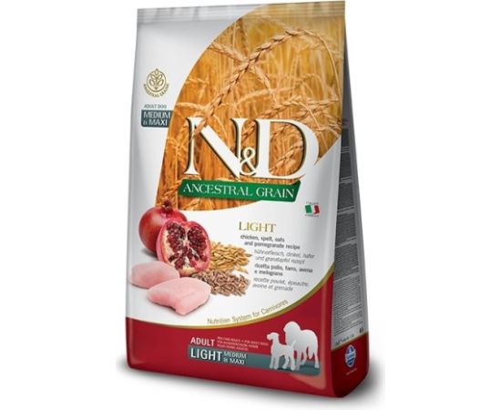 FARMINA N&D ANCESTRAL GRAIN DOG LIGHT - CHICKEN. SPELT.OATS AND POMEGRANATE ADULT MEDIUM & MAXI 12kg Barība