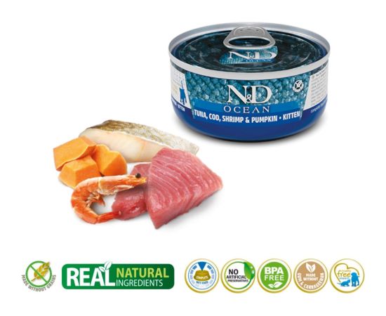 FARMINA N&D Ocean Kitten Tuna, Cod, Shrimp & Pumpkin – wet food for kittens – 70g Kaķu konservi