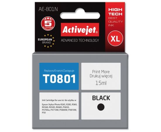 Activejet AE-801N ink (replacement for Epson T0801; Supreme; 15 ml; black) Tintes printeru izejmateriāli