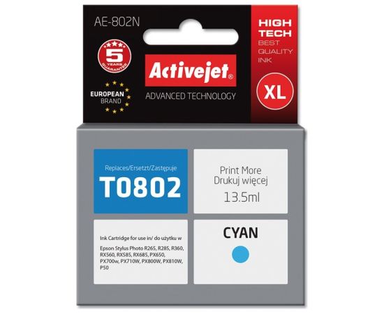Activejet AE-802N Ink (replacement for Epson T0802; Supreme; 13,5 ml; cyan) Tintes printeru izejmateriāli