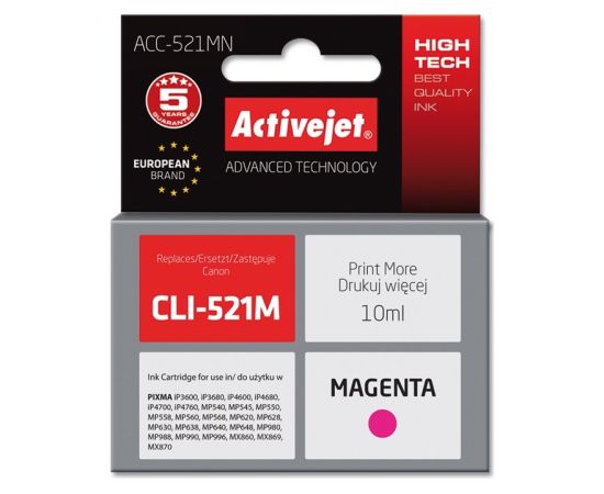 Activejet ACC-521MN Ink (replacement for Canon CLI-521M; Supreme; 10 ml; magenta) Чернила для принтера