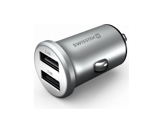 Swissten Metal Premium Auto Lādētājs 2 x USB / 4.8A Sudraba Telefonu lādētāji 12v Automašīnām