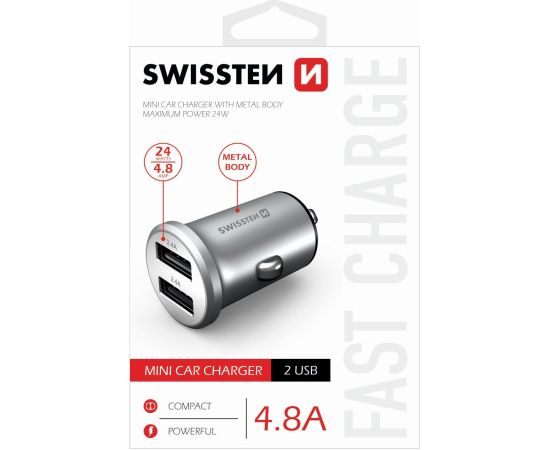 Swissten Metal Premium Auto Lādētājs 2 x USB / 4.8A Sudraba Telefonu lādētāji 12v Automašīnām