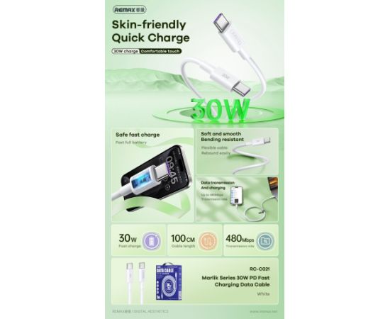 USB cable Remax RC-C021 USB-C to USB-C 30W 1.0m white Data USB kabeļi