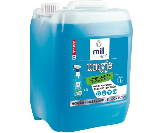 MILL CLEAN CLEANS 5 liters. A liquid cleaner for windows, mirrors, tiles, and countertops. It removes dust and grease stains without leaving streaks or smudges. The large 5-liter canister is ideal for cleaning companies, hotels, and offices. Tīrīšanas un Ķīmiskie līdzekļi