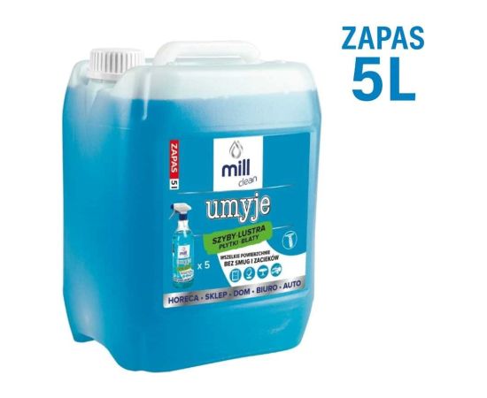 MILL CLEAN CLEANS 5 liters. A liquid cleaner for windows, mirrors, tiles, and countertops. It removes dust and grease stains without leaving streaks or smudges. The large 5-liter canister is ideal for cleaning companies, hotels, and offices. Tīrīšanas un Ķīmiskie līdzekļi