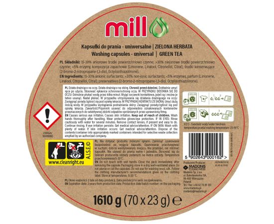 MILL ECO 2k universal 2-in-1 green tea laundry capsules, 70 capsules Tīrīšanas un Ķīmiskie līdzekļi
