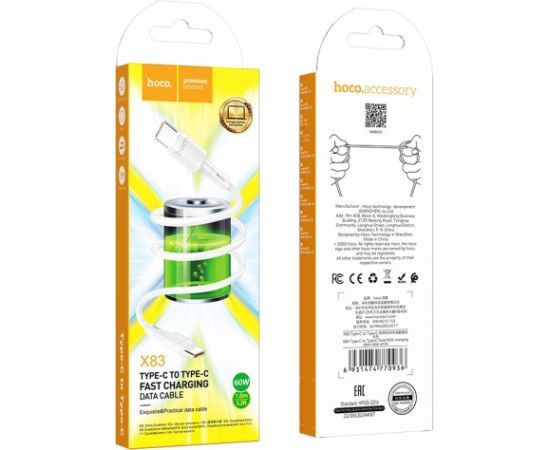 USB кабель Hoco X83 60W Type-C to Type-C 1.0m белый Дата USB-кабели
