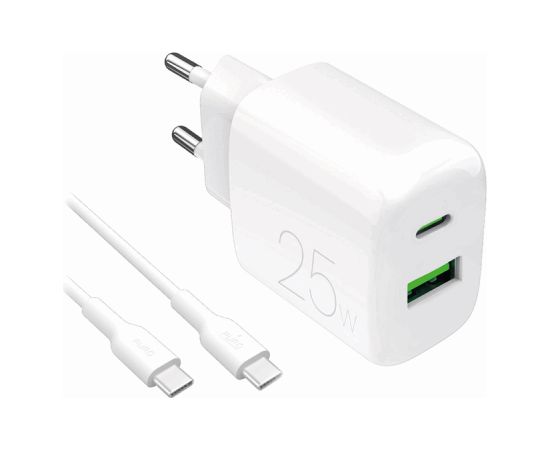 Wall Charger 1xUSB-A, 1xUSB-C, 25W with Cable USB-C to USB-C, 1,2m, by Puro White Новинки смартфонов и телефонов