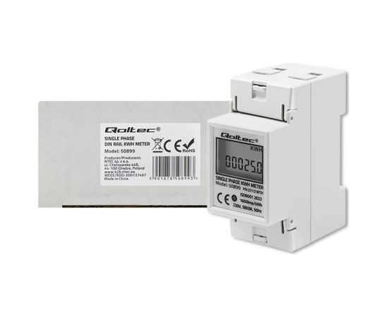 Qoltec 50899 Single phase electronic energy consumption meter | 230 V | LCD | 2P | DIN rail Viedie Sensori