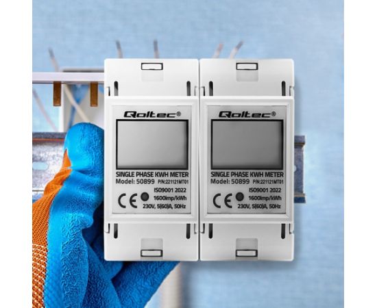 Qoltec 50899 Single phase electronic energy consumption meter | 230 V | LCD | 2P | DIN rail Viedie Sensori