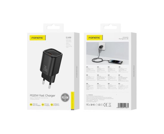 Charger Foneng EU69 20W USB-C black Telefonu lādētāji 220v