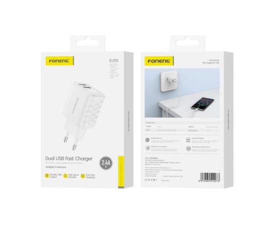 Charger Foneng EU53 2.4A 2xUSB-A white Telefonu lādētāji 220v