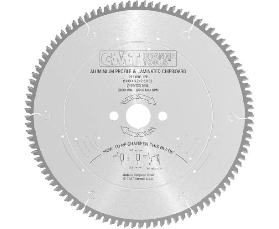Griešanas disks alumīnijam CMT 297; 300x3,2x32; Z96; -6° Zāģripas