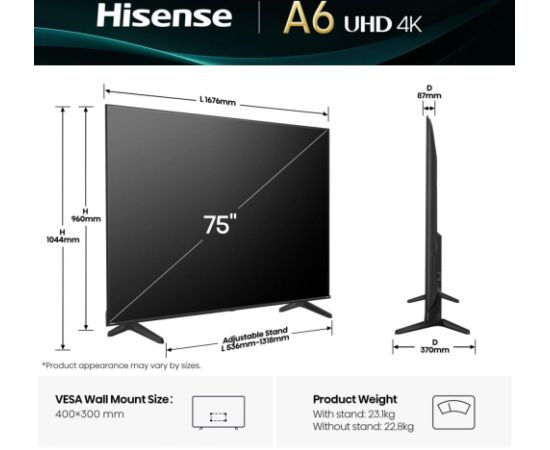 TV Set HISENSE 75A6Q 75" 4K Ultra HD Телевизоры