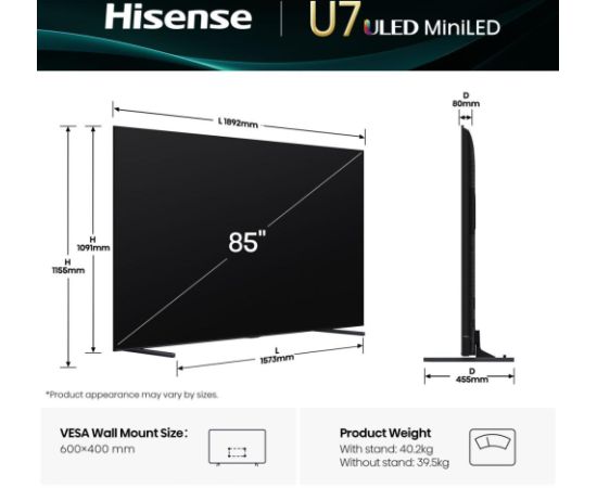 TV Set HISENSE 85U7Q 85" 4K Ultra HD ULED Телевизоры