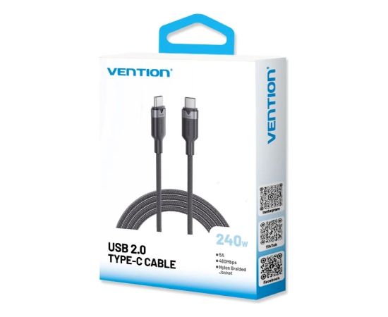 USB-C to C 2.0 Vention 3.1 5A 240W 1m BK cable Data USB kabeļi