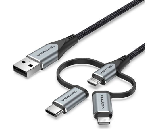 Vention USB 2.0 A Male to 3-in-1 Micro-B&USB-C&Lightning Male Cable 1M Gray Aluminum Alloy Type Дата USB-кабели