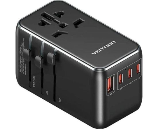 Uniwersalny adapter podróżny z ładowarką Vention 100W GaN 1x USB-A 3x USB-C czarny Adapteri