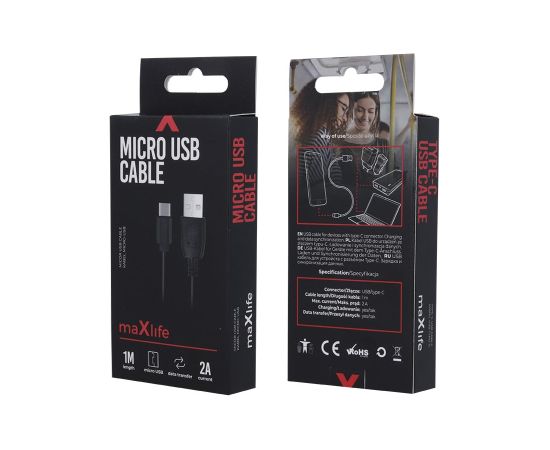 Maxlife Кабель USB  / USB-C / 1m / 2A Дата USB-кабели