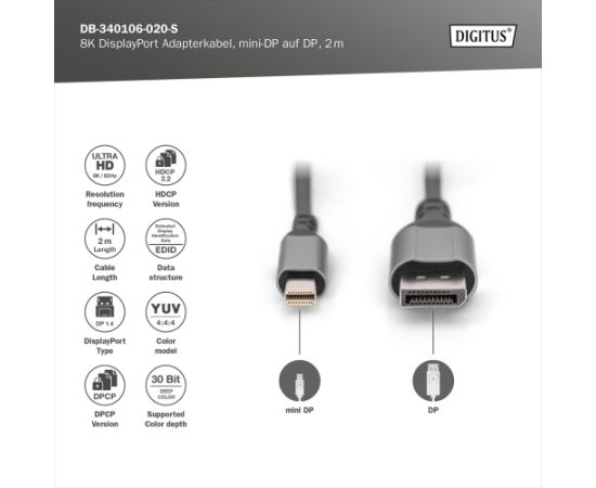Digitus 8K DisplayPort Adapter Cable, Mini DP to DP, 2 m DB-340106-020-S DisplayPort to DisplayPort Дата USB-кабели