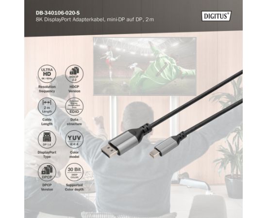 Digitus 8K DisplayPort Adapter Cable, Mini DP to DP, 2 m DB-340106-020-S DisplayPort to DisplayPort Дата USB-кабели